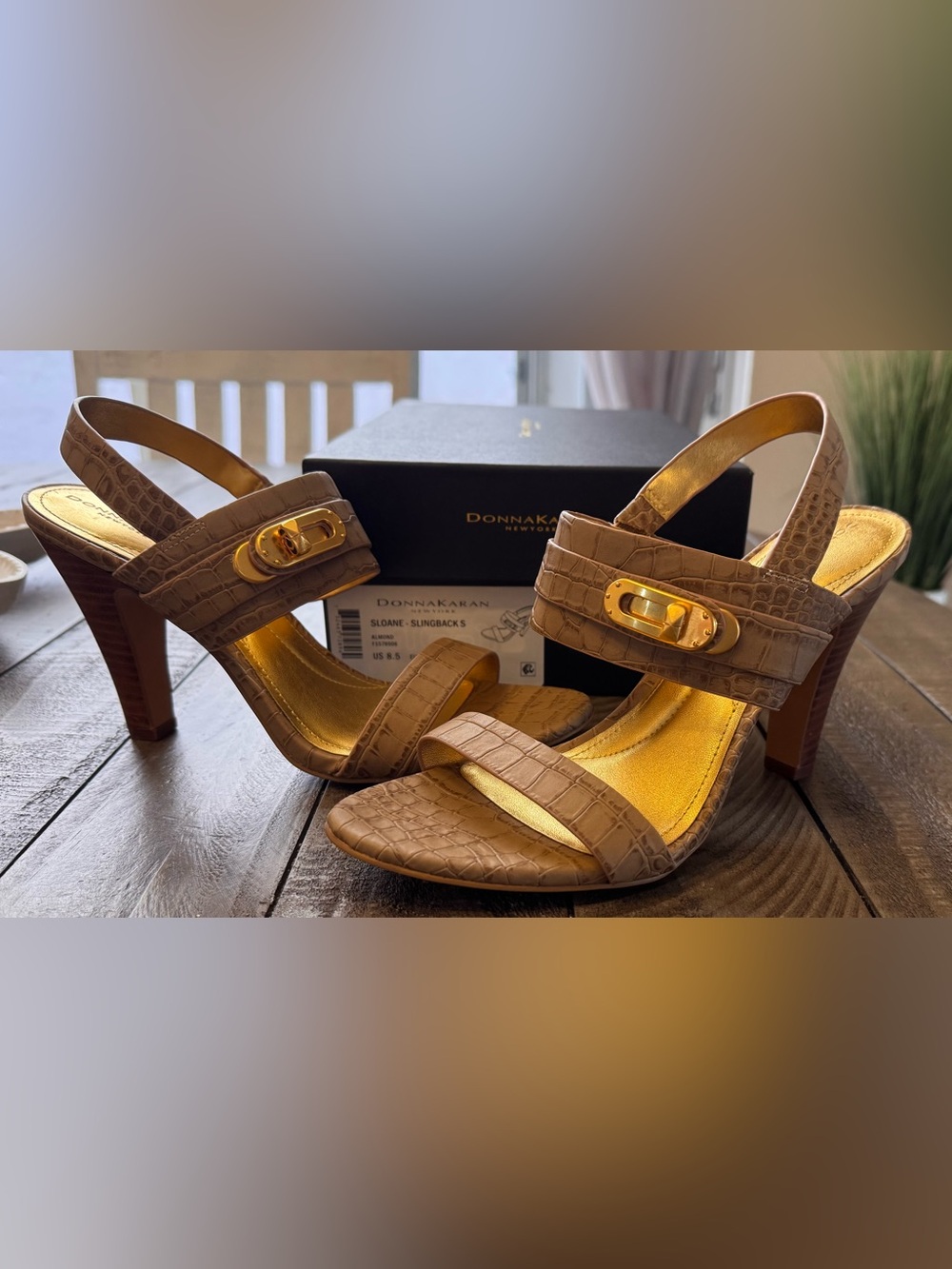 Donna Karan Croc-Embossed Almond-Brown Slingback Sandals